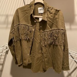 Zara green fringe button down